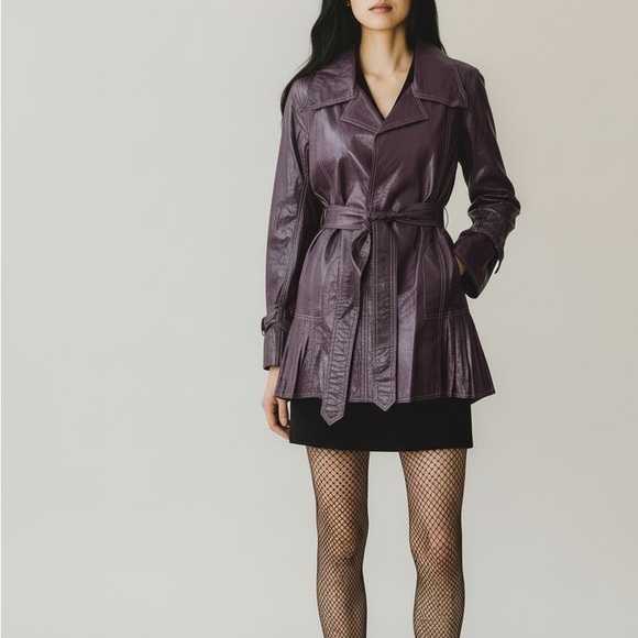 grownbeans Jackets & Blazers - Vintage 90s Grownbeans Karen Groner Leather Trench Coat Size Small Purple Rare